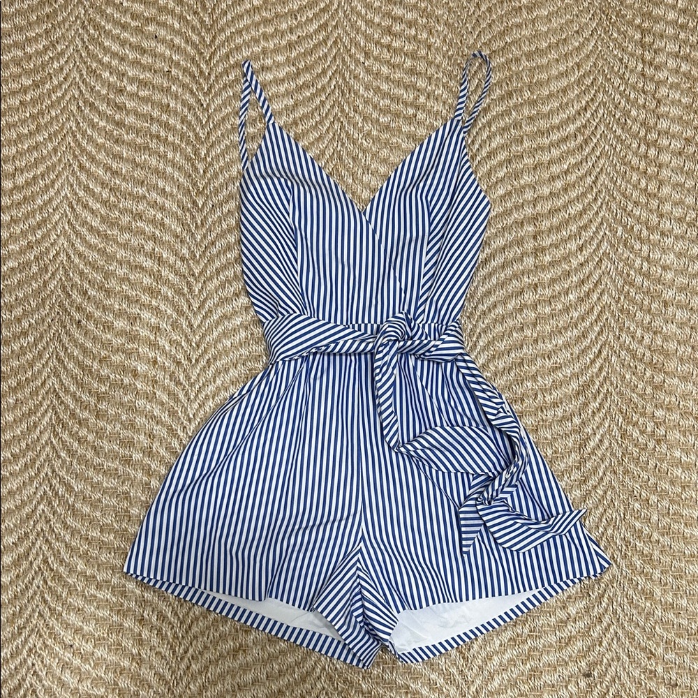 Tuckernuck Striped Blue & White Tie-Waist Romper